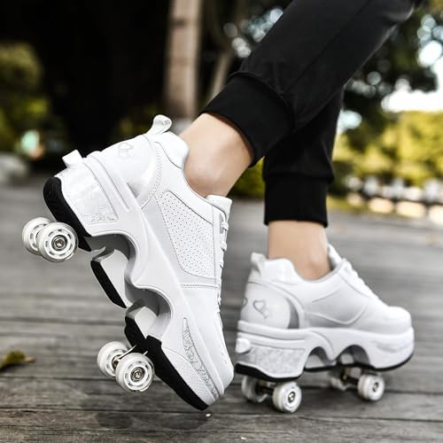 Double-Row Deform Wheel Automatic Walking Shoes Invisible Deformation Roller Skate 2 in 1 Removable Pulley Skates Skating Parkour|B08D8V1B5R