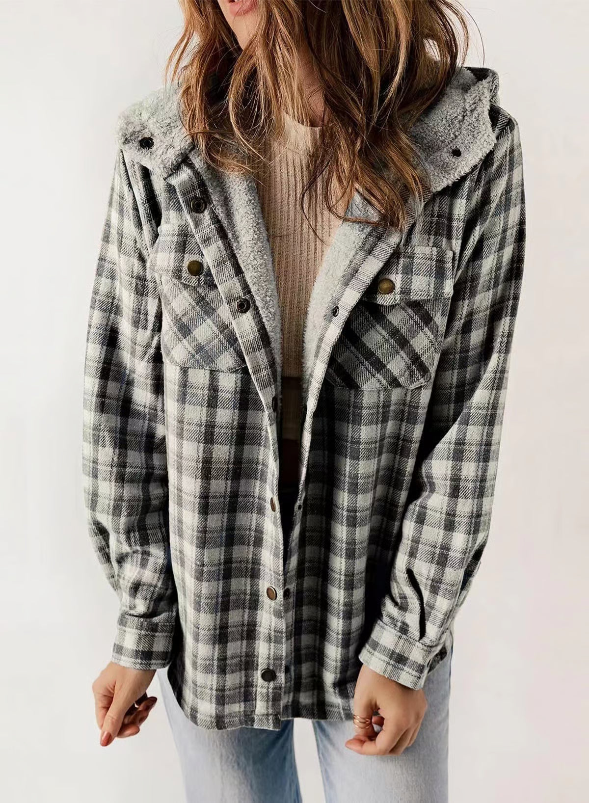 🐻Plush Check Print Hooded Coat