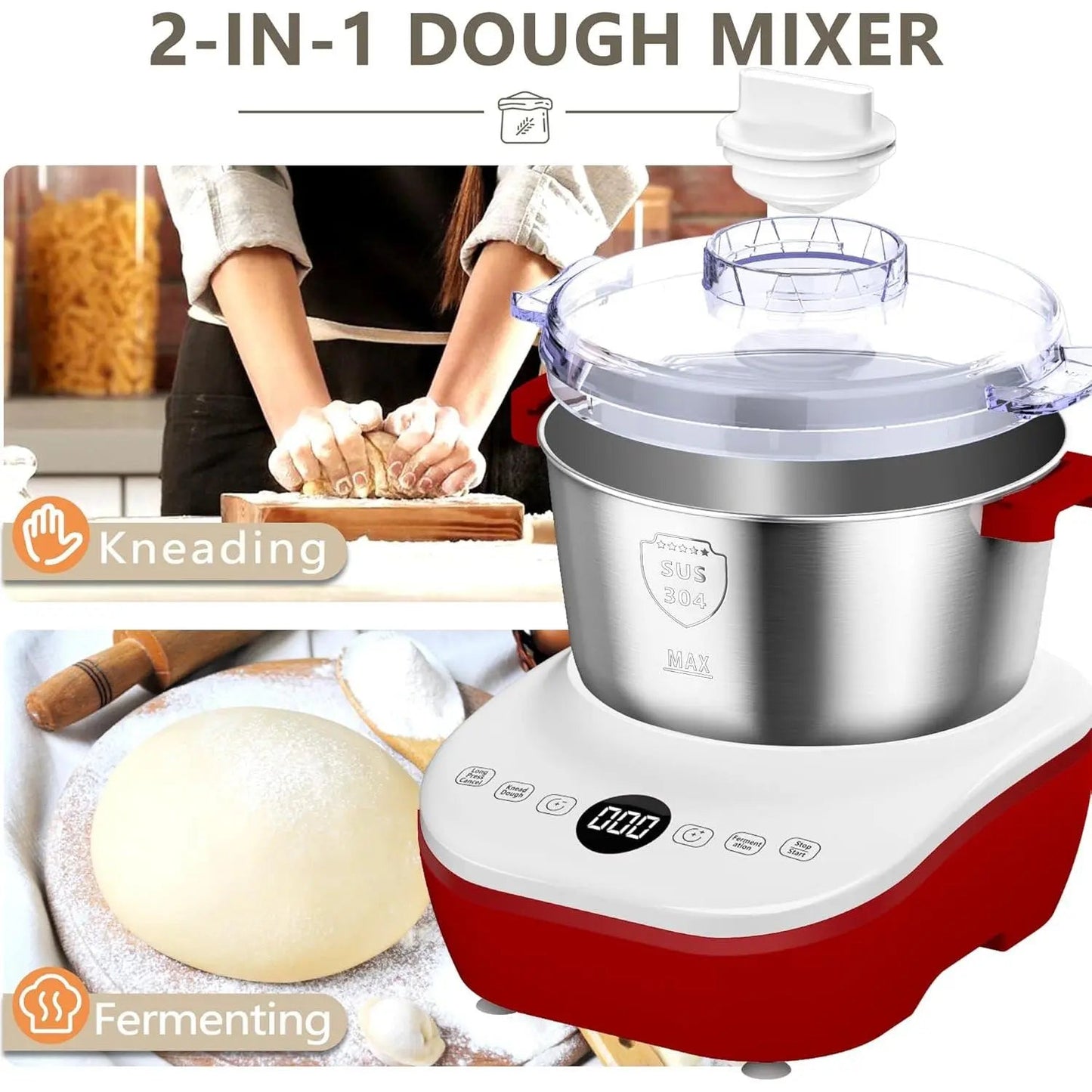 7Qt Electric Dough Mixer with Ferment Function & Stainless Steel Bowl